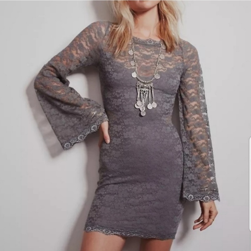 FREE PEOPLE Lovely In Lace Slate Grey Dress